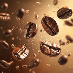 Fototapeta premium Coffee Beans in Dynamic Flight with Soft Glowing Background