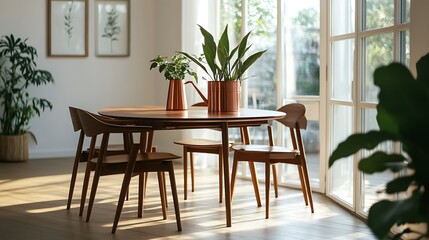 Sunlit dining room with wooden table, chairs, and potted plants.