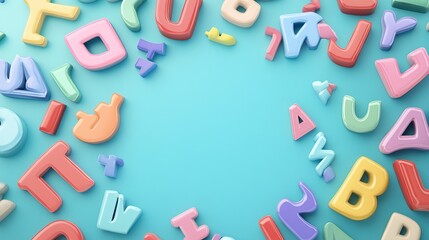 Fototapeta premium Colorful alphabet letters forming a frame on blue background.
