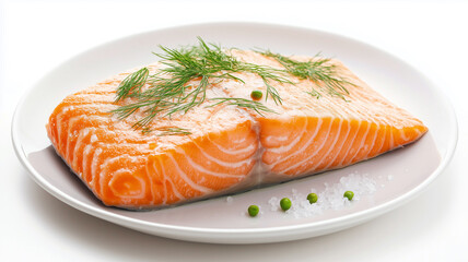 Raw salmon with dill and sea salt on a white plate. Perfect for seafood and healthy eating themes.