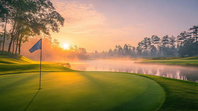 Beautiful golf course at sunrise with mist over a tranquil lake, lush green putting green, and a flag casting long shadows. Generative AI - Powered by Adobe