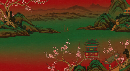 Serene Asian Landscape Painting Mountains Pagoda Blossom