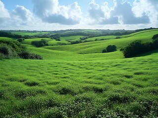 Lush green rolling hills under a partly cloudy sky.