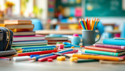 Colorful school supplies arranged on a desk in a bright classroom during the school day