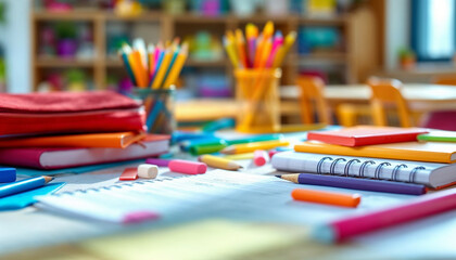 Bright and colorful classroom supplies arranged on a desk in a learning environment during the day