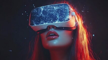 Woman in VR headset, experiencing immersive digital world.