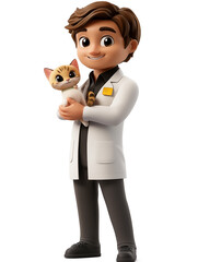Illustration, cartoon character by profession: veterinarian - man with a kitten in his hands