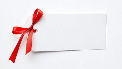 Blank gift tag with a red ribbon on a white background ideal for writing personalized messages