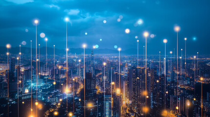 A mesmerizing cityscape filled with bright lights and abstract visual elements, representing the intersection of technology and urban life in a modern metropolis.