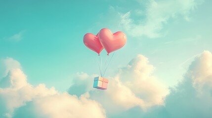 Fototapeta premium A Box flying on a parachute with pink cloud in valentine day,package flying down from sky and cloud with parachute, concept for delivery service,shopping online,air delivery service.