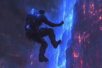 Fototapeta premium A determined climber maneuvers up a strikingly vibrant ice wall, equipped with technical gear, embodying strength and focus within a dynamic, captivating environment.