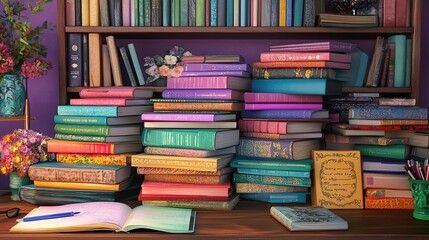 Colorful book stacks on a wooden desk with open notebook and flowers.