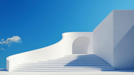 Staircase portal clouds stairway to light. Modern white architecture with curved stairs under a clear blue sky.
