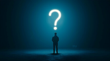 Obraz premium Exploring uncertainty a person contemplates a question mark in a dimly lit space