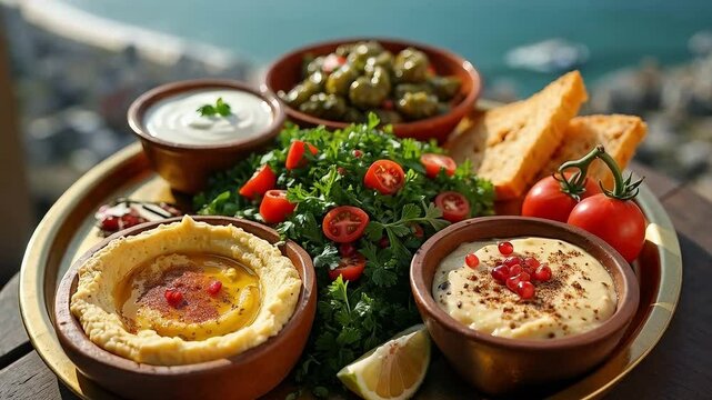 Plato de mezze con hummus, baba ganoush y tabul&eacute; servido al aire libre con vista al mar