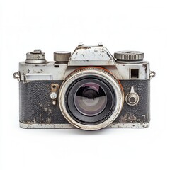 Vintage camera, worn, isolated, white background, photography (1)