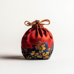 Red silk pouch, floral pattern, studio shot, white background