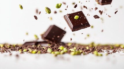Dubai Chocolate Kunafa Pistachio on white background,Dubai Chocolate bar with green kadayif and pistachio spread,popular and viral chocolate 2024,space for text.