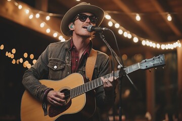 Obraz premium A musician with sunglasses and a fedora sings passionately into a microphone while strumming an acoustic guitar beneath warmly glowing string lights in the background.