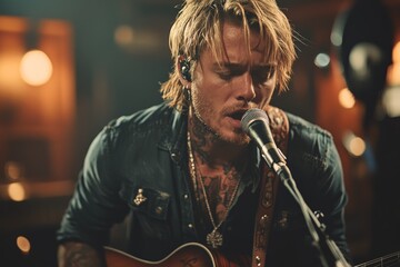 A tattooed musician with a rugged appearance passionately sings into a microphone, conveying deep emotion and dedication while seated in a cozy, dimly lit setting.