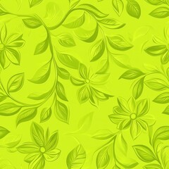 Vibrant Lime Green Floral Tile Pattern Featuring Leaves and Flowers for Fresh and Lively Decorative Designs