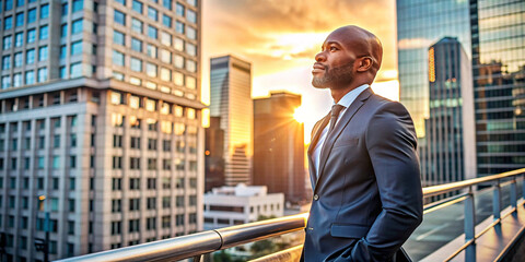 Fototapeta premium Confident businessman in suit stands on a balcony in front of a skyline at sunset. Perfect for business, success, and leadership themes.