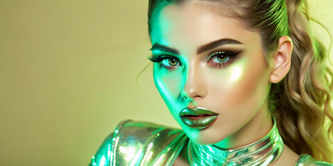 Creative fashion model with striking metallic green lips against a bright orange background. Perfect for cosmetics and editorial content.
