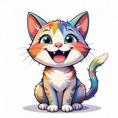 Obraz premium colorful, cute cartoon cat with a happy, playful expression, rainbow fur, children's book illustration, isolated on a white background