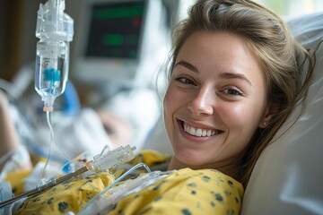 A patient lies in a hospital bed connected to various medical equipment, embodying the journey of healing, resilience, and patient care within the healthcare setting.
