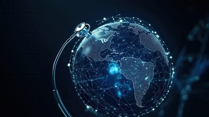 Obraz premium Glass globe with stethoscope on blue background,representing World Health Day, telemedicine business, and life insurance technology,Global Health Awareness,Save Earth,Green Earth Day,ESG.