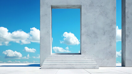 Staircase portal clouds stairway to light. A minimalistic concrete structure with an open sky view.