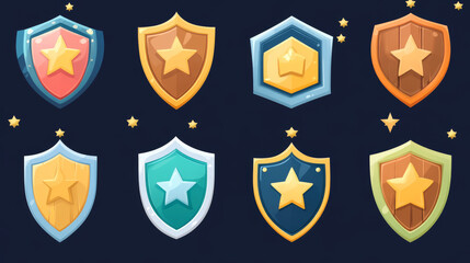 Game ranking badges with shields with star. Level achievement icons with wooden, metal, bronze, silver and gold award medals isolated on background, vector cartoon illustration