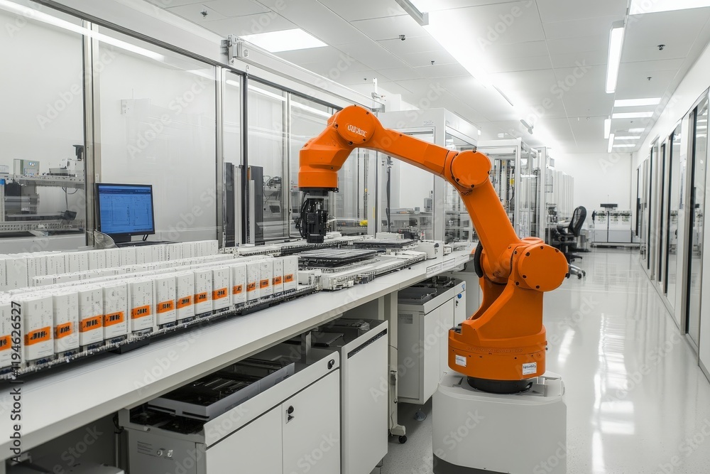 Aufkleber an advanced orange robotic arm stands ready in a pristine laboratory, showcasing the integration of 