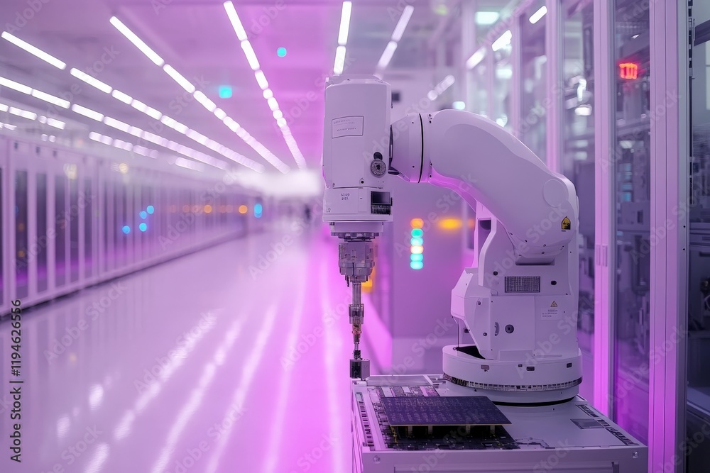 Poster Inside a luminous futuristic setting, a sophisticated white robotic arm is displayed, embodying the pinnacle of technological advancements in automated machinery environments.