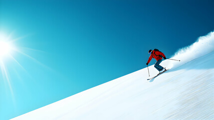 Skiing adventure on a snowy slope mountain resort sports photography bright sunshine action shot winter thrill