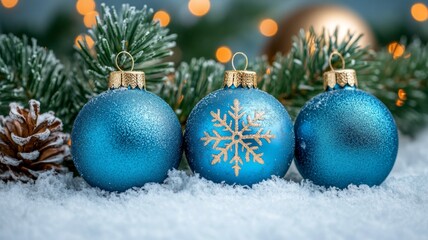 Sparkling Blue Christmas Ornaments on Snowy Surface