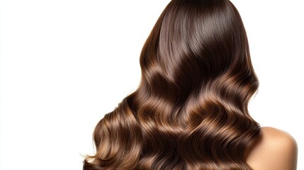 Fototapeta premium Beautiful model girl with Brown hair strand,silky healthy chestnut wavy hair strand,hair wavy ribbon, with smooth,Keratin straightening,Treatment,straight long hair,procedures,Smooth hairstyle.