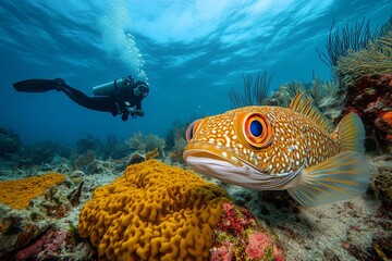 A scuba diver is close to a colorful, vibrant fish amidst a lively coral reef, highlighting the beauty of underwater adventure and the marine ecosystem's diversity.