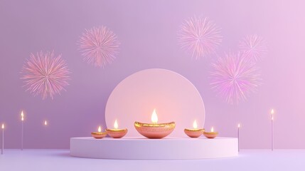 Banner design for diwali festival and podium,Diwali light decoration candle with fireworks,Stage,Product display Showcase design sparkle background,Deepavali,Dipavali,3D podium illustration.