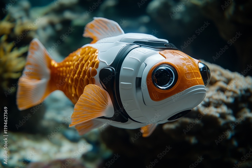 Poster a detailed robotic fish is seen swimming underwater, showcasing its orange scales and mechanical des