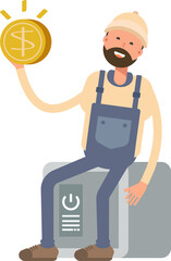 Worker Character Sitting on Safe and Holding Dollar Coin
