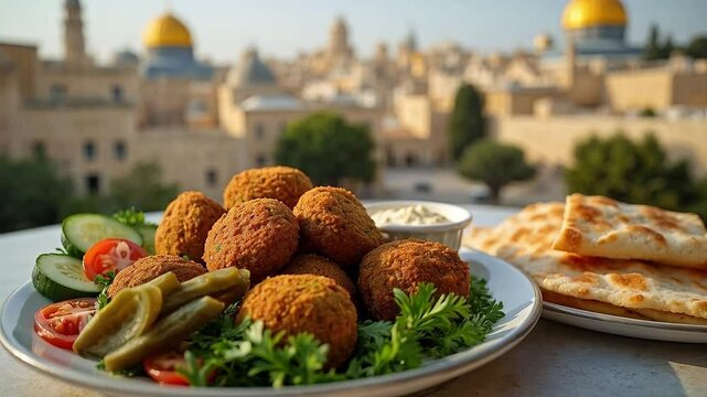 Plato de falafel con pan pita y ensalada en un entorno urbano de Medio Oriente