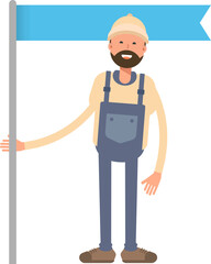 Worker Character Holding Flag Pole
