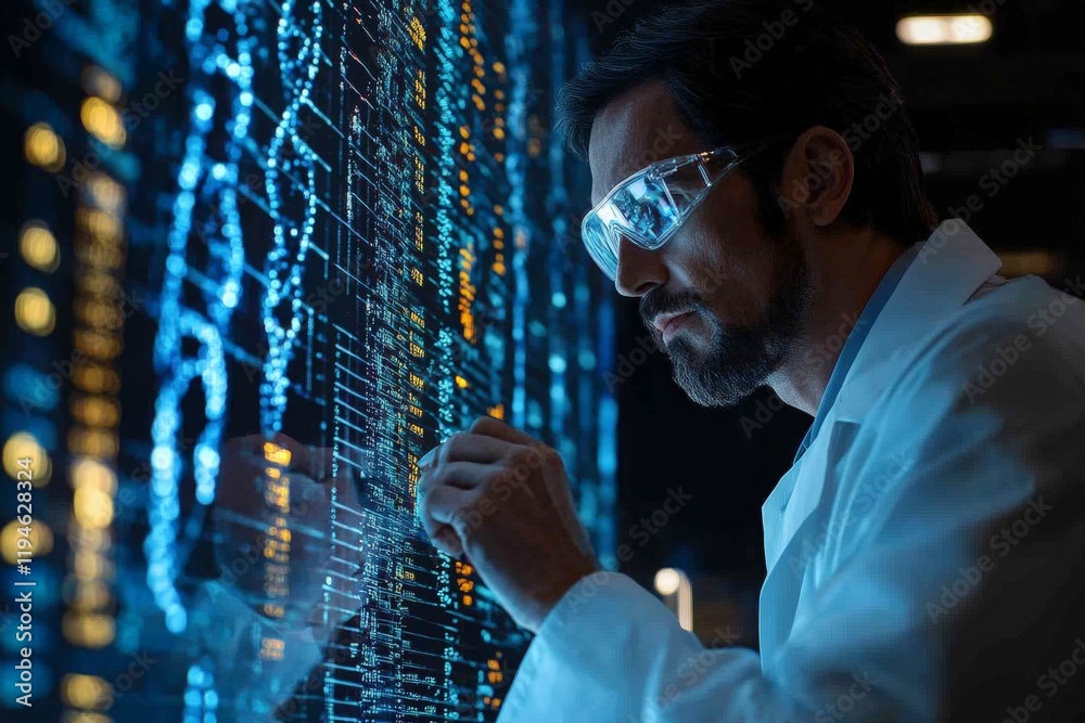 Poster An engineer using advanced glasses examines complex data on a digital interface, showcasing the synergy of engineering expertise and cutting-edge technology in the digital realm.