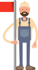 Worker Character Holding Flag Pole
