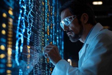 An engineer using advanced glasses examines complex data on a digital interface, showcasing the synergy of engineering expertise and cutting-edge technology in the digital realm.