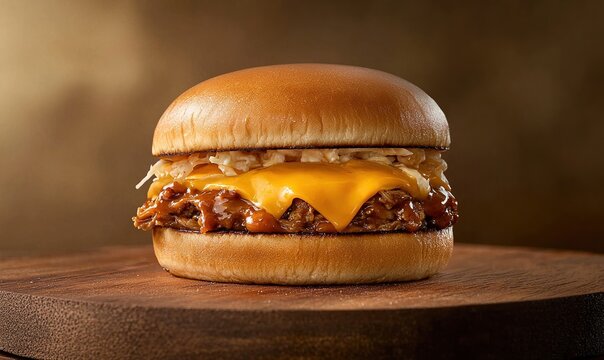 BBQ pulled pork cheeseburger with melted cheese and coleslaw on a wooden plate - Powered by Adobe