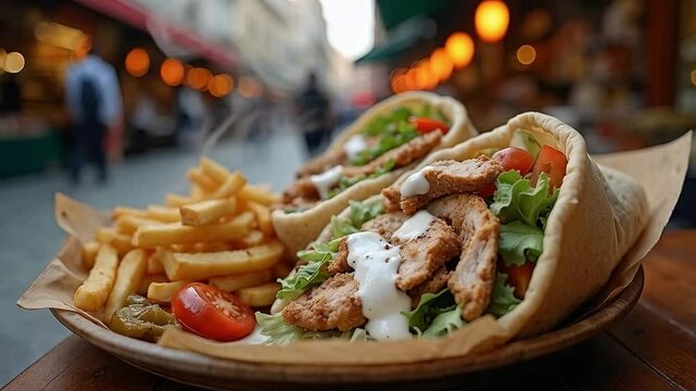 Plato de gyros de pollo con papas fritas en un mercado callejero