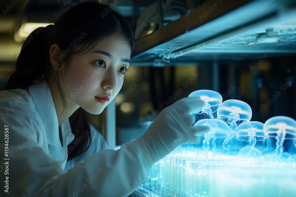 Poster a focused woman in a lab coat inspects jellyfish in a glowing container, symbolizing scientific curi
