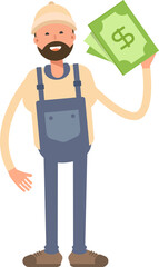 Worker Character Holding Dollar Banknotes
